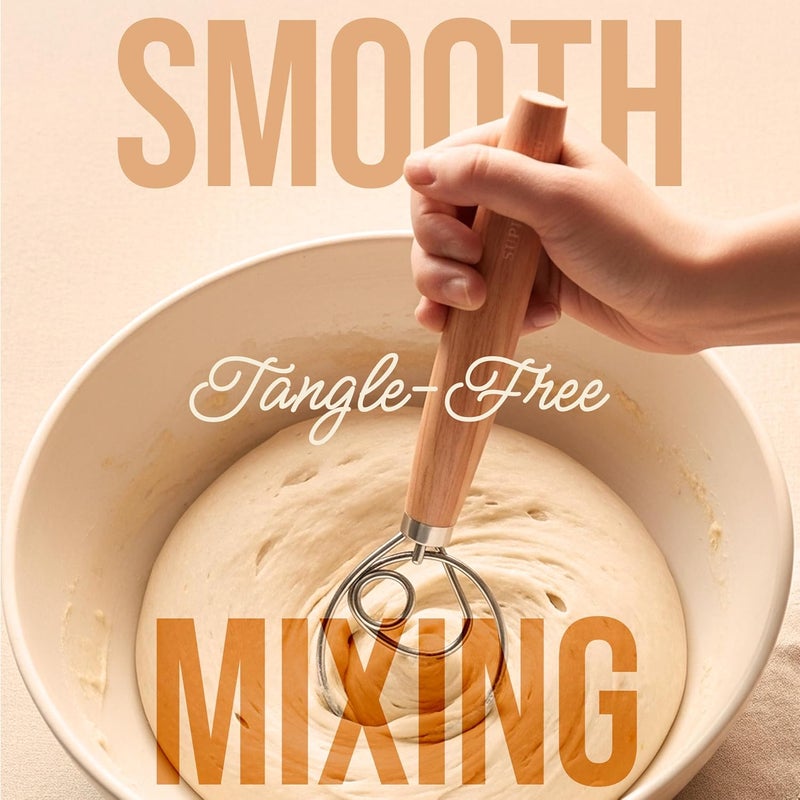 Superbaking Danish Dough Whisk - 12" Bread Whisk for Dough Mixing - Single Eye Design Sourdough Whisk - Sourdough Bread Baking Supplies - Bread Making Tools and Accessories - Ergonomic Wooden Handle - Image 3